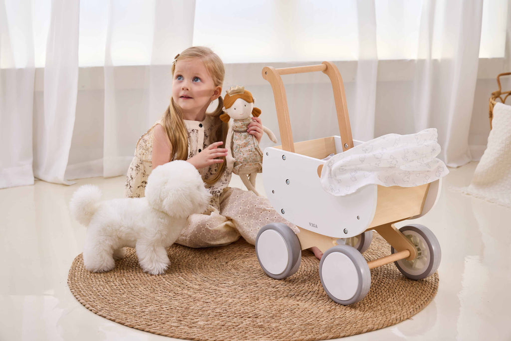 Viga Modern White Wooden Doll Pram - Silent EVA Wheels & Removable Fabric Hood