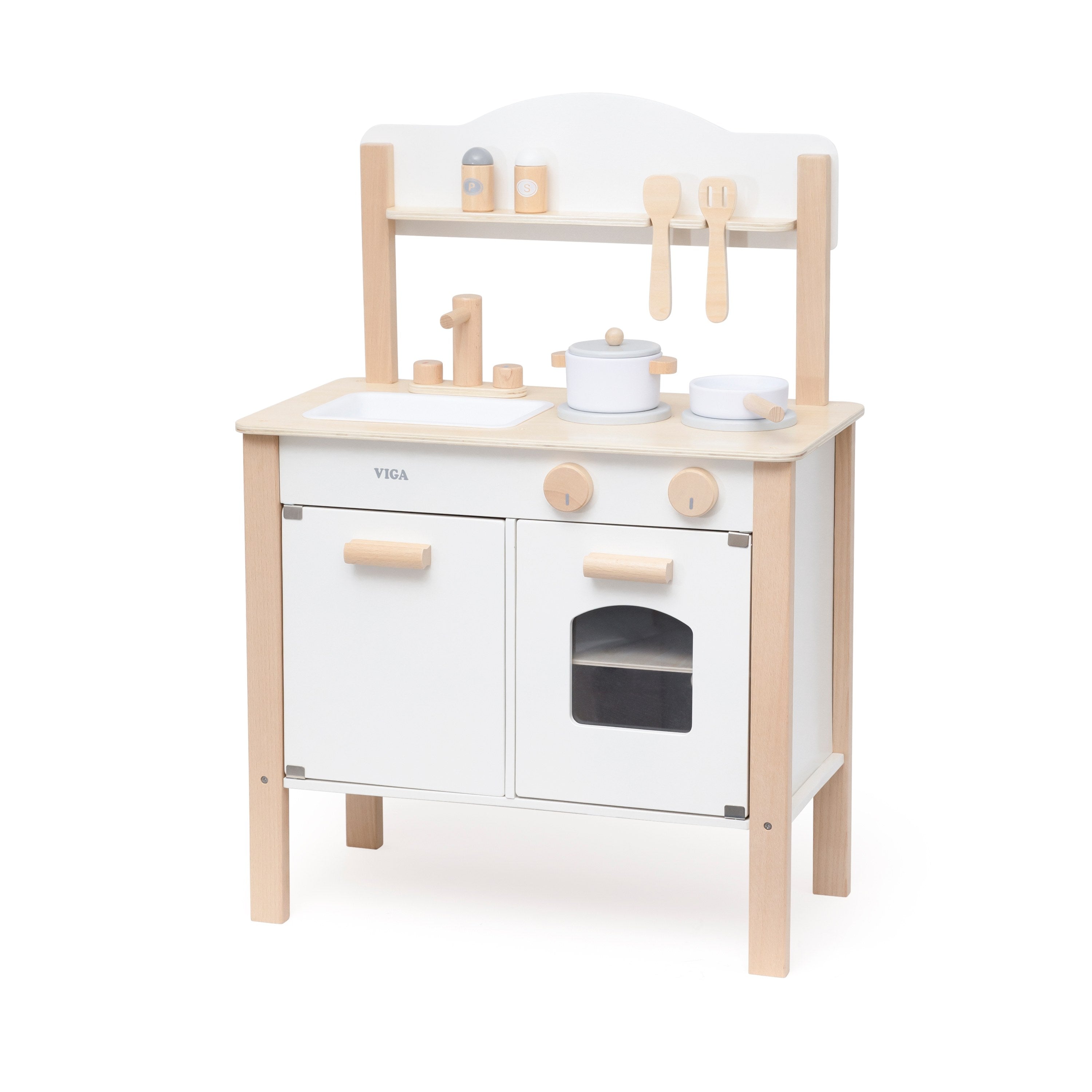 Viga Classic Red Wooden Play Kitchen - 10-Piece Montessori Activity Station