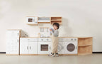 Viga Modern White Wooden Play Dishwasher - Rubberwood Unit with 2 Metal Racks